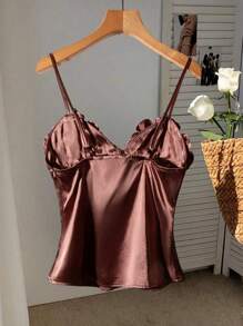 Women's Satin Solid V-Neck Ruffle Detail Bowknot Decor Camisole Tank Top, Summer - Coffee Brown - View 3