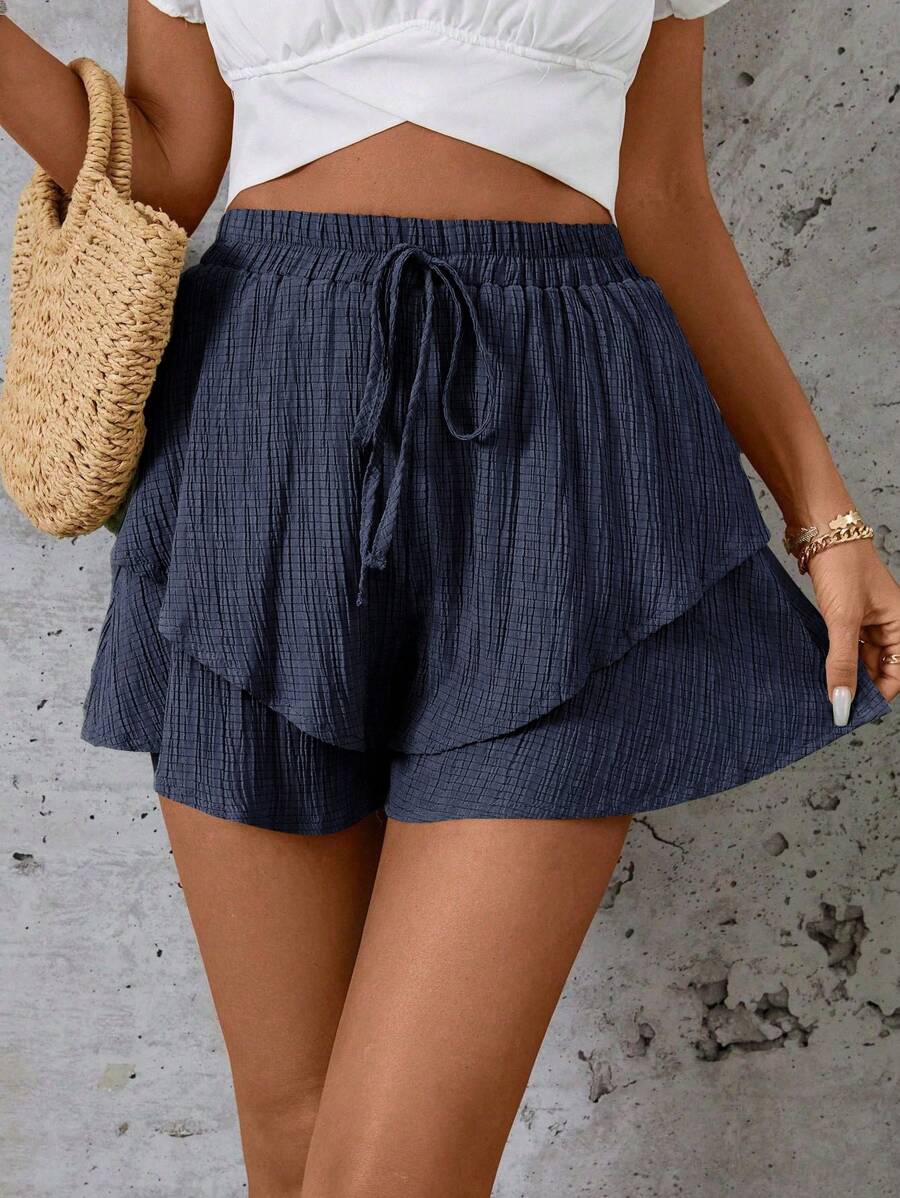 SHEIN LUNE Quần short mùa hè giản dị nhiều tầng thắt nút màu trơn - Màu xanh hải quân - Xem 1