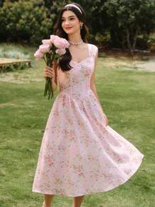 Vintamour Retro Elegant Women Floral Print Relaxed Fit Swing Dress, Loose Fit With Wide Straps, Pink Umbrella Hem Summer Sun Dress Mother Day Outfit Mother Day Dress Summer Dress Graduation Dress Sun Dresses For Women Wedding Guest Dress Women Vacation Outfits Women Birthday Dresses For Women Floral Dress Women Festival Outfits For Women Teacher Outfits For Women