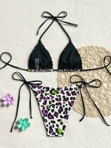 SHEIN Swim 女式动物印花吊带性感比基尼套装，两件套夏季沙滩泳衣（印花款式随机） - 彩色 - 查看 4