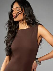 MISSGUIDED Sleeveless Unitard Bodysuit Athletic Jumpsuit Workout Dance Yoga Performance Sport Fitted Active Wear Open Back Fitted Catsuit - Mocha Brown - View 4