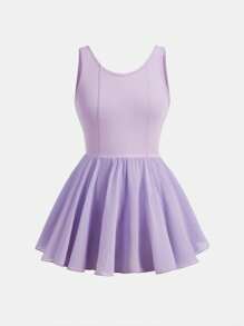 SHEIN Tween Girls Activewear Lightweight, Elastic Four-Seasons Lavender Chiffon Princess Cut Leotard, Dance Dress, Tulle Skirt, Ballet Ensemble - Mauve Purple - View 1
