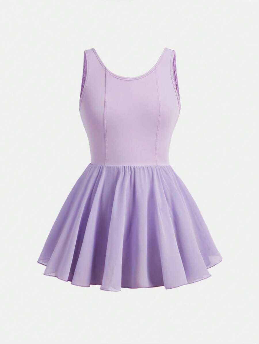 SHEIN Tween Girls Activewear Lightweight, Elastic Four-Seasons Lavender Chiffon Princess Cut Leotard, Dance Dress, Tulle Skirt, Ballet Ensemble - Mauve Purple - View 1