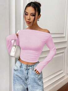 SHEIN Unity 纯色不对称领褶皱修身长袖T恤，适合新年服装 - 粉色 - 查看 4