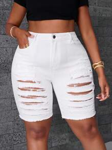 SHEIN Plus Size Autumn Casual Solid Color Distressed Slim Fit Denim Shorts - White - View 6