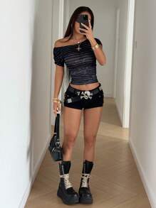 StreetHx 女式复古朋克摇滚条纹水钻露肩休闲短袖 T 恤