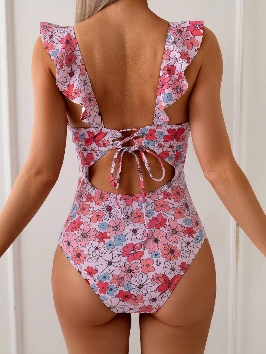 Swim Vcay 1pc Tropical Ditsy Floral Ruffle Trim Lace-Up Back One Piece Swimsuit For Summer Beach Vacation - Multicolor - View 1