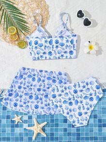 3pcs Tween Girls Fashionable Shell Print Bikini Sets - Multicolor - View 2