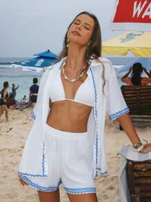 Swim Vcay Women White Short Sleeve Collar Vacation Elegant Beach Kimono Blouse For Summer - White - View 2