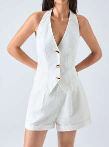 LYSMO Conjunto de traje de algodón y lino con botones metálicos para mujer - Nuevos llegados de primavera/verano 2025 - Blanco - Ver 1