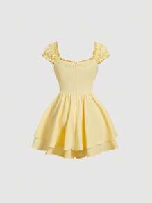 SHEIN MOD Solid Frill Trim Ruched Bust Ruffle Hem Yellow Cap Sleeves Double Hem Skort Romper