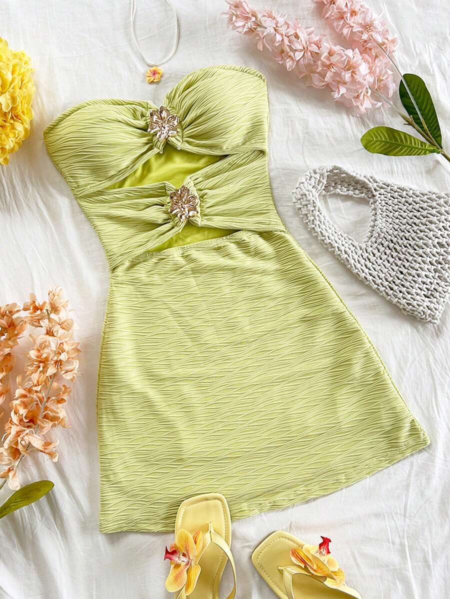 Soleia Vacation Sleeveless Hollow-Out Patchwork Metal Buckle Textured Fabric Fitted Mini Dress, Suitable For Vacation, Music Festival, Bohemian, Holiday Date, Afternoon Tea,Summer Dresses For Women - Mustard Yellow - View 1