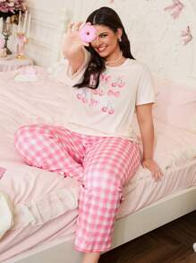 SweetSlumber Conjunto de ropa de dormir de talla grande con estampado de cerezas, lazos y cuadros, en estilo dulce