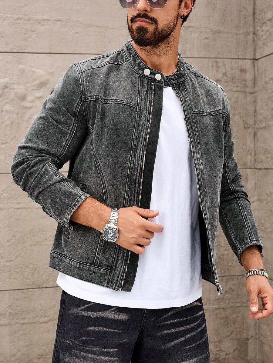 Manfinity Homme Men's Casual Denim Jacket, Suitable For Summer - Dark Grey - View 1