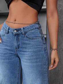 SHEIN ICON 女式宽松V领低腰喇叭阔腿牛仔裤，带口袋 - 中等水洗藍 - 查看 4