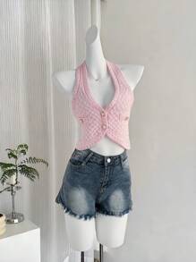 Sweetra Summer Girls Cute Deep V-Neck Hollow Out Knitted Vest, Flattering & Stylish - Pink - View 7