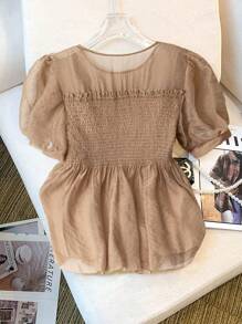 Franclia Plus Size Vintage Luxurious Elegant A-Line Ruffle Hem Short Sleeve Women Blouse - Khaki - View 2