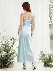 SHEIN LUNE 女士深 V 领蝴蝶结装饰 3D 花卉缎面针织连衣裙 - 淺藍色 - 查看 2