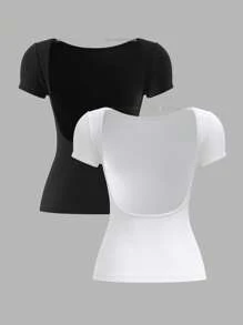 SHEIN BASICS 2pcs/Set Solid Color Knit Backless Fitted Women T-Shirts - Black and White - View 1