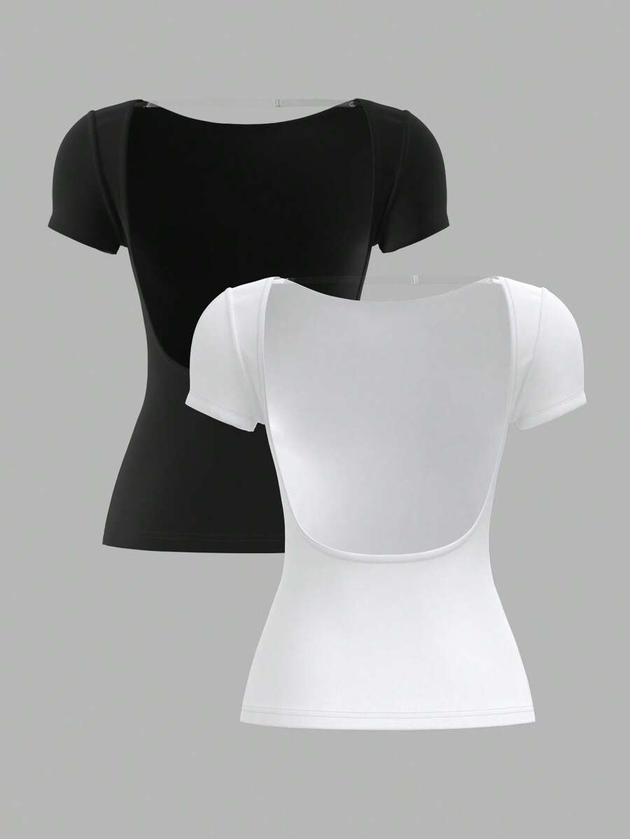 SHEIN BASICS 2pcs/Set Solid Color Knit Backless Fitted Women T-Shirts - Black and White - View 1