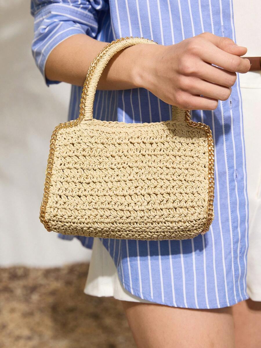 SHECARRY Women's Casual Woven Chain Strap Handbag, Vacation Style - Apricot - View 1