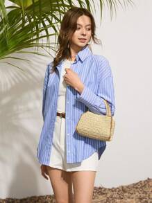 SHECARRY Women's Casual Woven Chain Strap Handbag, Vacation Style - Apricot - View 4