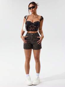 SHEIN PETITE Pantaloncini di jeans casual a gamba dritta con tasche, stampa leopardata, estivi - Multicolore - Visualizzare 3