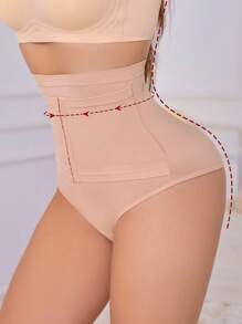 SHEIN Women Solid Tummy Control Body Shaper Seamless High Waist Cincher Shapewear Bottom With Hook-And-Eye Closure And Thong Design - Apricot - View 4