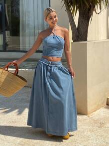 DAZY 女士水洗抽绳挂脖牛仔上衣和迷你裙两件套 - 中等水洗藍 - 查看 6