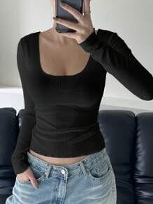 DAZY Women's Scoop Neck Fitted Long Sleeve Bodycon T-Shirt,Fall Clothes - Black - View 4