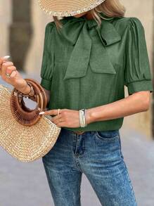 Calvaya Elegancka bluzka damska w kształcie litery H z bufiastymi rękawami i kokardą przy szyi w jednolitym kolorze - Zielony - Zobacz 6