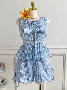 Comfortcana Plus Size Blue & White Check Bowknot Tie Sleeveless Top & Shorts 2 Pieces Set, Summer