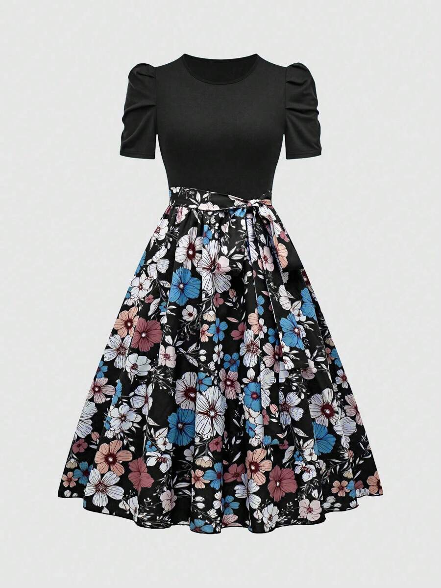 Breezaya 女式优雅拼布花卉印花短袖连衣裙，夏季 - 黑色 - 查看 1