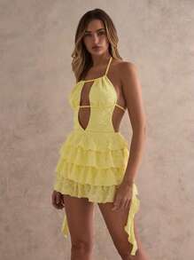 Glamine 女士夏季黄色浪漫度假蕾丝丝带蛋糕系带露背迷你连衣裙，女士短裙，女士黄色连衣裙，女士夏季短裙，女士服装夏季套装，毕业礼服，女士沙滩装 - 黃色 - 查看 6