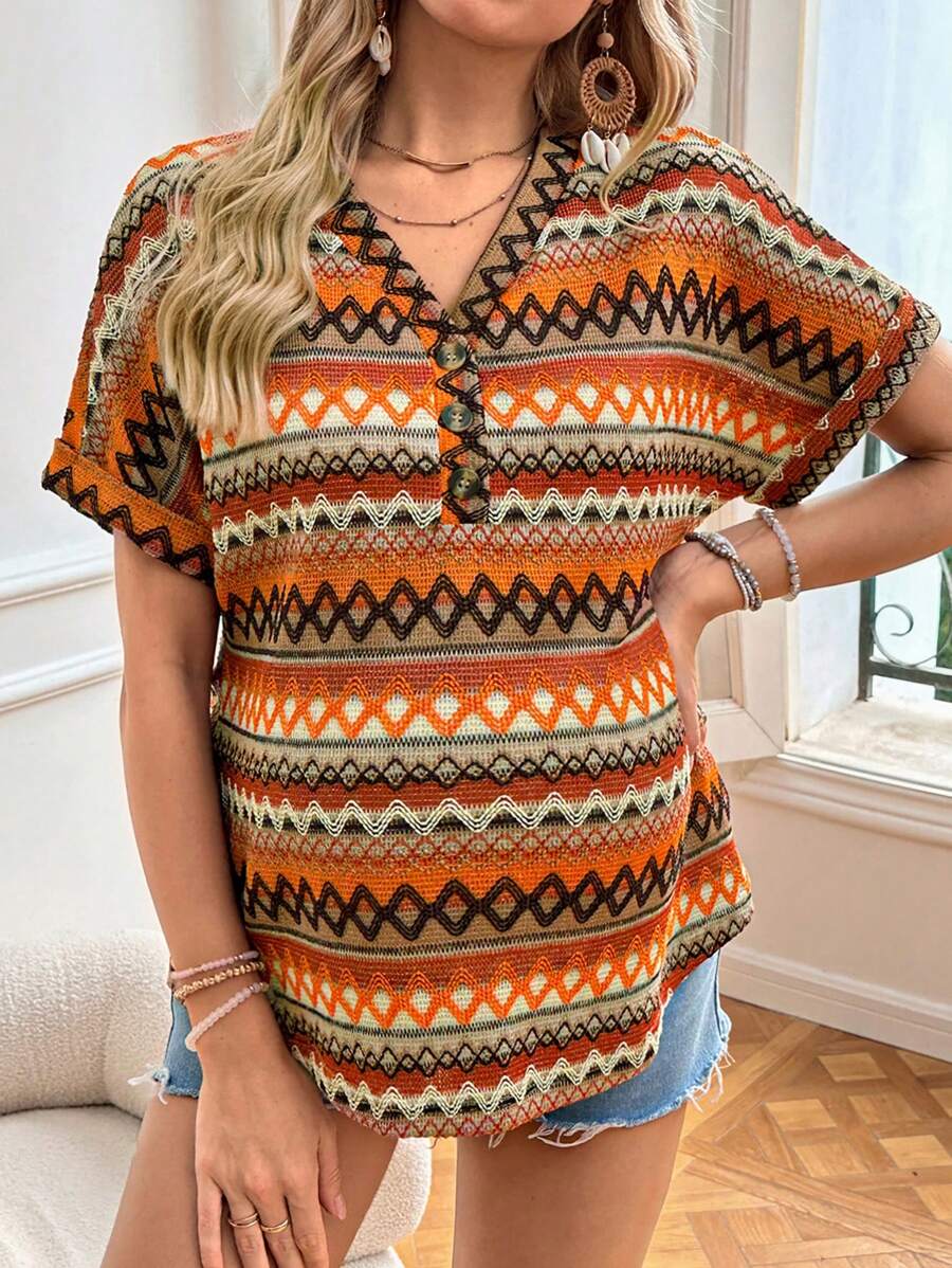 SHEIN 波浪条纹提花插肩袖孕妇T恤 - 橘色 - 查看 1