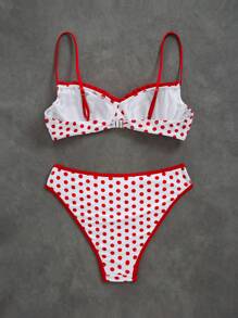 Swim Mod Summer Vacation Beach Polka Dot Printed Cropped Top & Frill Shorts Bikini Set - Red - View 2