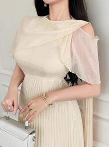 DAZY Women Elegant Solid Color Asymmetric Ruffle Pleated Mid-Calf Dress,Back To School Clothes