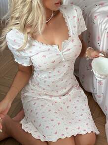 CottageSlumber Lace Patchwork Square Neck Two Button Crown, Heart And Ditsy Floral Knit Short Sleeve Nightgown Babydoll PerfectSummer Bountiful Floral Splendor  Cozy And Elegant Details - Multicolor - View 4