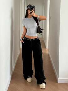 StreetHx Women's Solid Color Lace Panel Cutout Back Short Sleeve T-Shirt, Spring/Summer