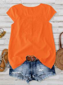 Linhara Blusa casual holgada con estampado de flores bordado en la parte delantera para mujer de talla grande, ideal para vacaciones - Naranja - Ver 2