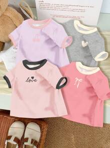SHEIN 4pcs/Set Baby Girl Casual Minimalist Design Round Neck Short Sleeve T-Shirt, Suitable For Spring & Summer - Multicolor - View 7