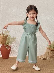 Blossori Baby Girls Pastoral Resort Embroidered Ruffle Hem Bib Overall Pants - Green - View 7