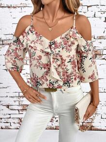 SHEIN Clasi Romantic Floral Print Off-Shoulder Ruffled Blouse, Fashionable For Summer Floral - Dusty Pink - View 3