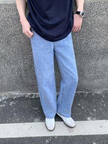 SHEIN Teen Boy Casual Fashion Snow Texture Elastic Waistband Loose Straight Leg Jeans For Teen Boy Clothes Boys Soft Dailywear And Teen Boy Summer And Spring Clothes - Blue - View 3