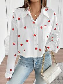 Calvaya Women's Valentine's Day Heart Print Front Short Back Long Shirt Fall Cloth For Women - Red and White - View 6