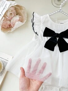 Newborn Baby Girl Cute Summer Versatile Knit Mesh Patchwork Bow Decor Cap Sleeve Bodysuit