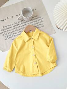 SHEIN LMoss Kids Babygirl 百搭玫瑰黄领长袖衬衫，秋冬 - 黃色 - 查看 2