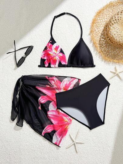 SHEIN 3pcs/Set Teen Girls Fashionable Floral Print Bikini Swimsuit Set With Cover-Up Skirt Young Girls Sets Bathing Suits For Teens Sets Bathing Suits For 10 12 Swim Suits For Women Bathing Suits For Teens Teen Girls Bikini Sets