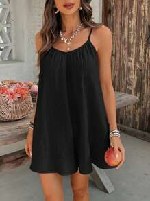 SHEIN VCAY 梭织半袖宽松女式连体衣，女式夏季服装，女式夏季服装 - 黑色 - 查看 4