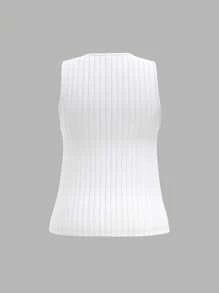 SHEIN BASICS Camiseta de punto sin mangas con cuello en V de unicolor, de ajuste entallado y casual, talla grande - Blanco - Ver 2